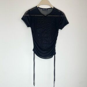 Y2K Black Womens Festival Mesh Ruched Top Neo Nostalgia Sheer stretch goth M